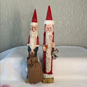 Vintage Pencil Santa Figurines Pair Primitive Folk Christmas Decor Hand Painted